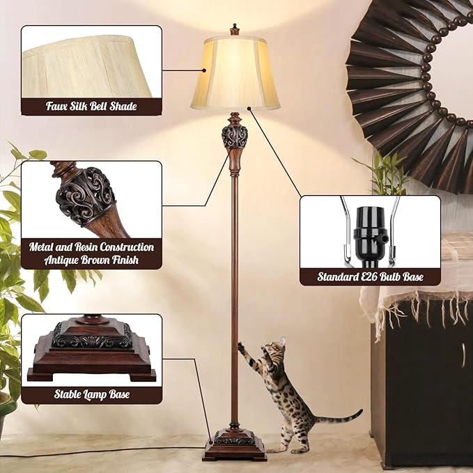 Vintage Floor Lamp for Living Room Traditional Farmhouse Tall Standing Lamp Mid-century Antique Bedroom Pole Lamp with Bell Shape Faux Silk Shade Elegant Rustic Bright Lighting for Reading Home Decor