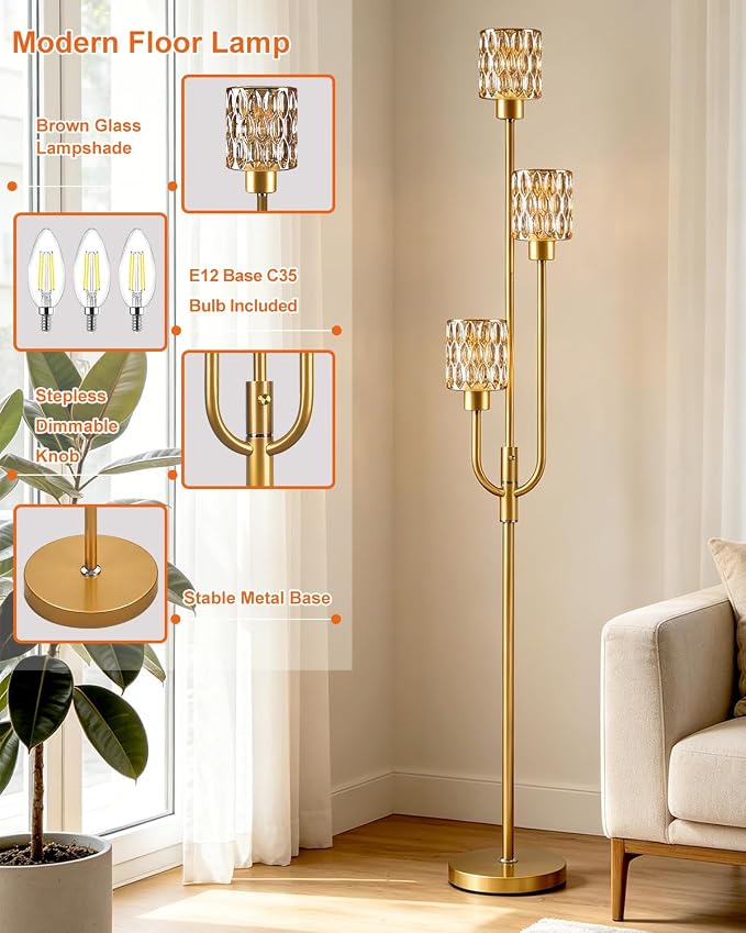 66IN Glass Floor Lamp 3-Lights Modern Gold Dimmable Floor Lamps with 3000K Warm White Bulbs for Wedding Party Modern Standing Tall Lamp with Amber Glass Shade for Living Room/Bedroom/Home Decor