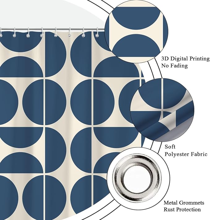 Dark Blue Mid Century Modern Shower Curtain, Boho Abstract Geometric Retro Art Shower Curtains for Bathroom, Colorful Unique Pattern Polyester Fabric Shower Curtain Set 12 Hooks 72X72IN