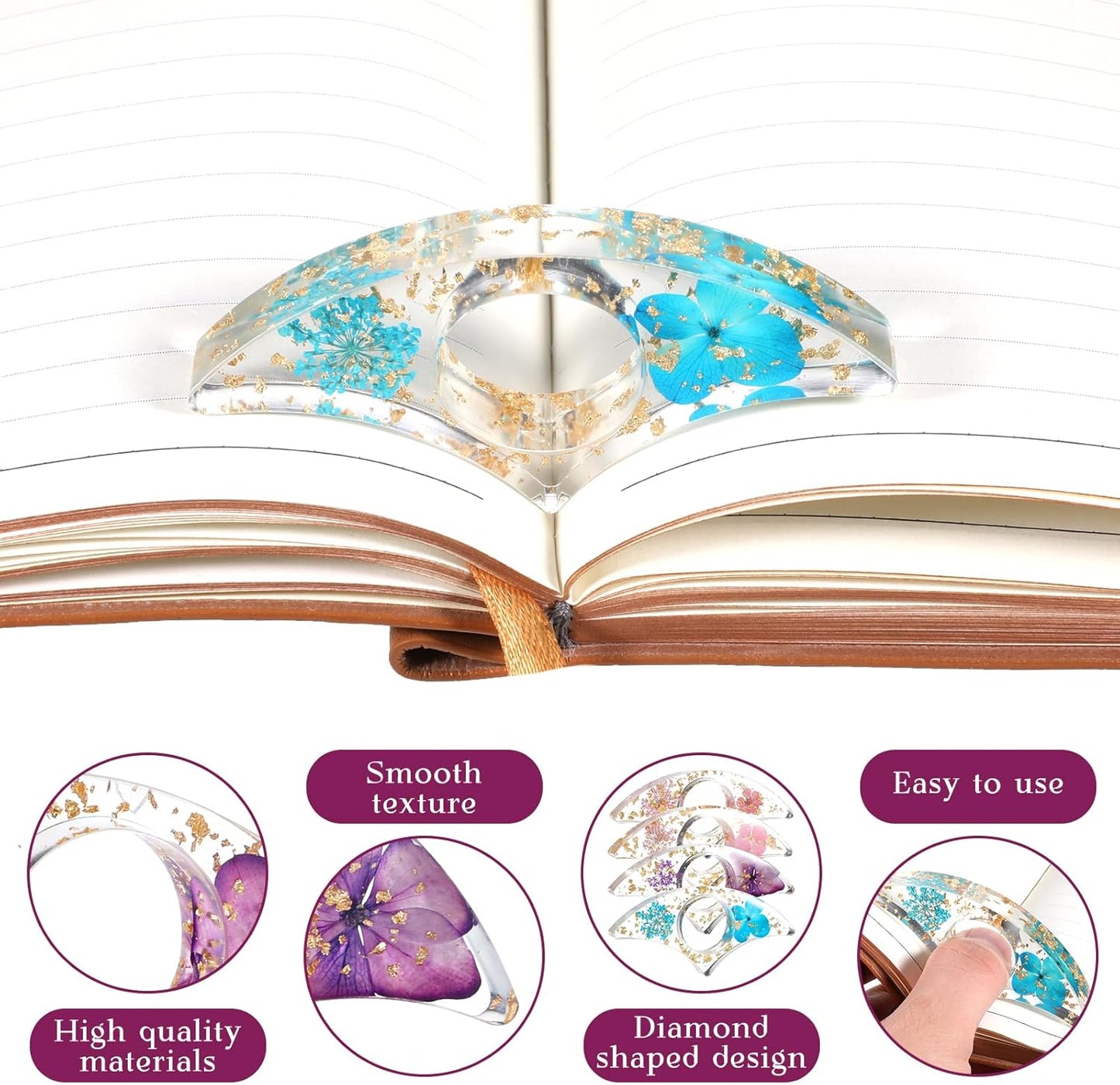Skiennix Transparent Bookmark Set - 4 Pcs Dried Flower Resin Book Page Holders | Perfect Gift for Readers
