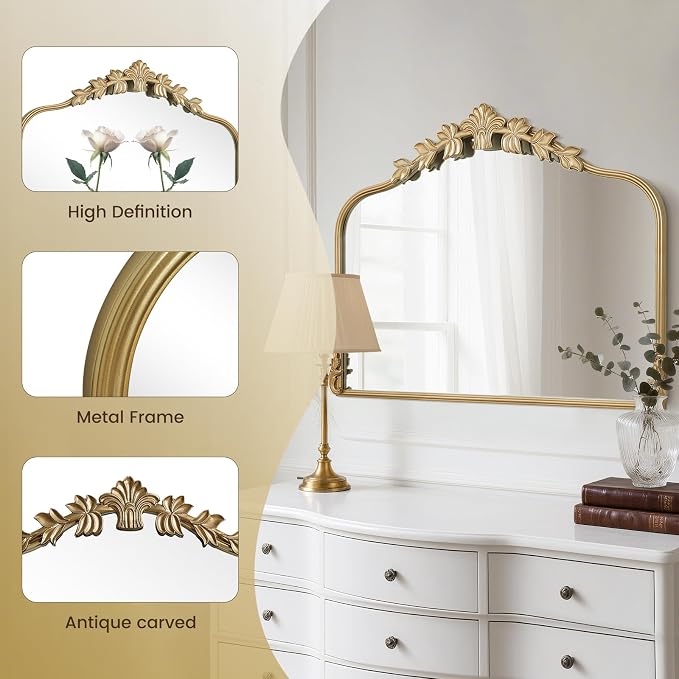WallBeyond Gold Antique Mirror for Vanity 32x24 Inch, Gold Vintage Mirror with Ornate Frame, Arched Vintage Wall for Bathroom, Living Room, Fireplace