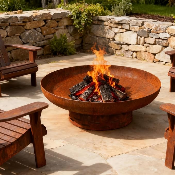KOL Fire Pit for Outside Wood Burning, 27.5 Inch Round Firepit Bowl Outdoor and Patio, Heavy-Duty Steel Bonfire Pit Oxidized Finish, Free-Standing, Camping Backyard Terrace