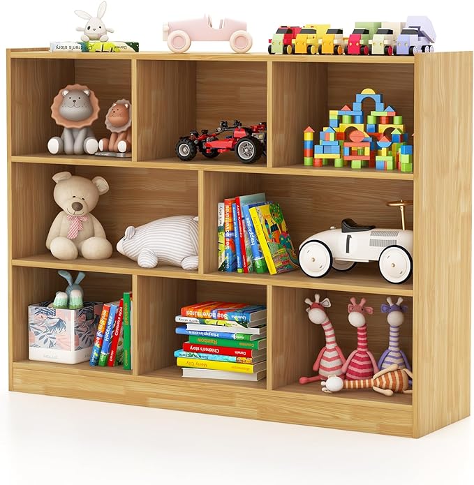 Costzon 3-Shelf Bookcase for Kids, Wooden Toy Storage Organizer for Books Toys, 8-Section Freestanding Classroom Daycare Montessori Bookshelf for Preschool, Home Playroom & Kindergarten (Burlywood)