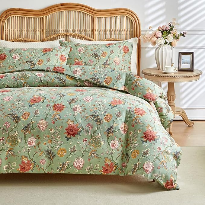 Vintage Floral Comforter Set King Farmhouse Boho Bedding Comforter Botanical Flowers Vines Pattern on Green Floral Bedding Comforter Fluffy Aesthetic King Comforter with 2 Pillowcases for All Seasons
