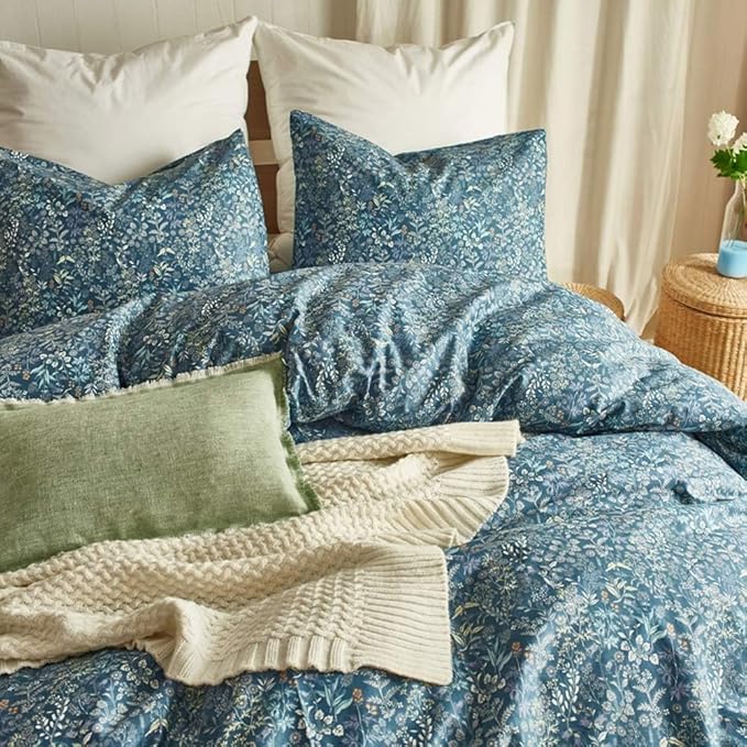 Blue Floral Duvet Cover Queen Vintage Flower Pattern Duvet Cover 100% Cotton Garden Style Comforter Cover Chic Botanical Floral Bedding Sets for Girls Women 1 Queen Duvet Cover with 2 Pillowcases