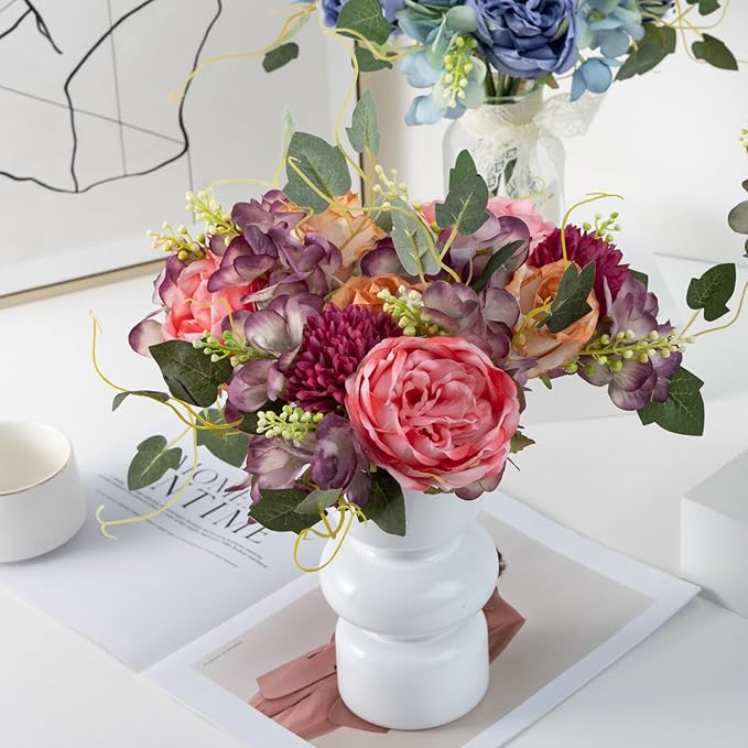 ASTRYAS 2Pcs Peonies Artificial Flowers Faux Peonies Fake Roses Bouquet Floral Arrangement for Spring Summer Centerpiece Table Wedding Party Home Decor, Purple Pink