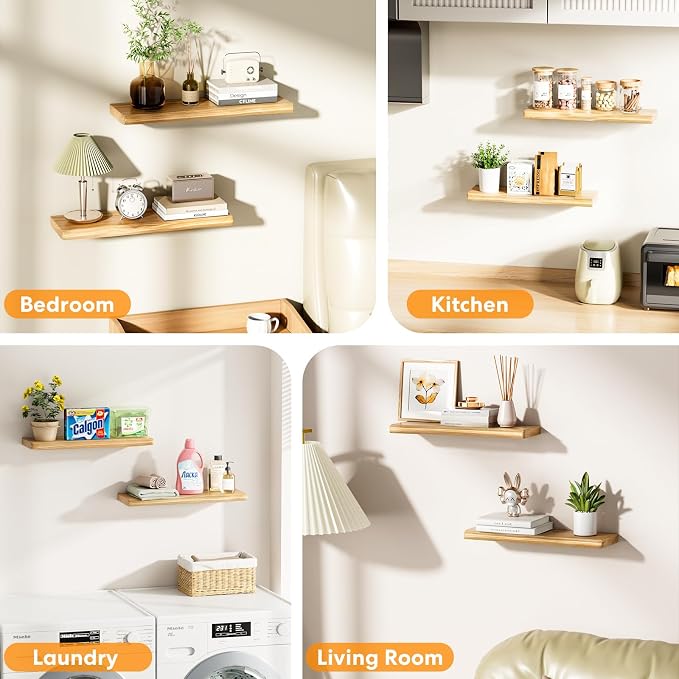 Solid Wood Live Edge Floating Shelves Set of 2 – 24" Rustic Wall Shelf with Hidden Bracket System, Wall Mounted Shelves for Bathroom, Kitchen, Living Room, Bedroom (Raw Wood)