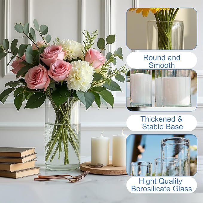 12 Pack Glass Cylinder Vases, 4,6,8,10 Inch Tall Clear Flowers Vases for Centerpieces, Floating Candles Vase,Hurricane Glass Candle Holders Vase for Wedding Party Home Tables Decor
