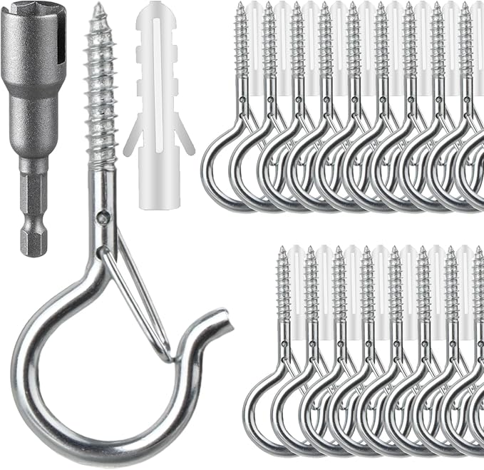 FSAH 50 Pack Screw-in Hooks for Outdoor String Lights, Q Hanger Hooks for Outside, Swivel Hanging Basket Patio Hook with Safe Buckle, Plant Eye Hook for Wall Ceiling with 1 Wing Nut Driver, Silver