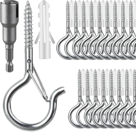 100 Pcs Screw-in Hooks for Outdoor String Lights, Q Hangers Hooks for Outside, Swivel Hanging Basket Patio Hook with Safe Buckle, Screw in Plant Eye Hook for Wall Ceiling with 1 Wing Nut Driver,Silver