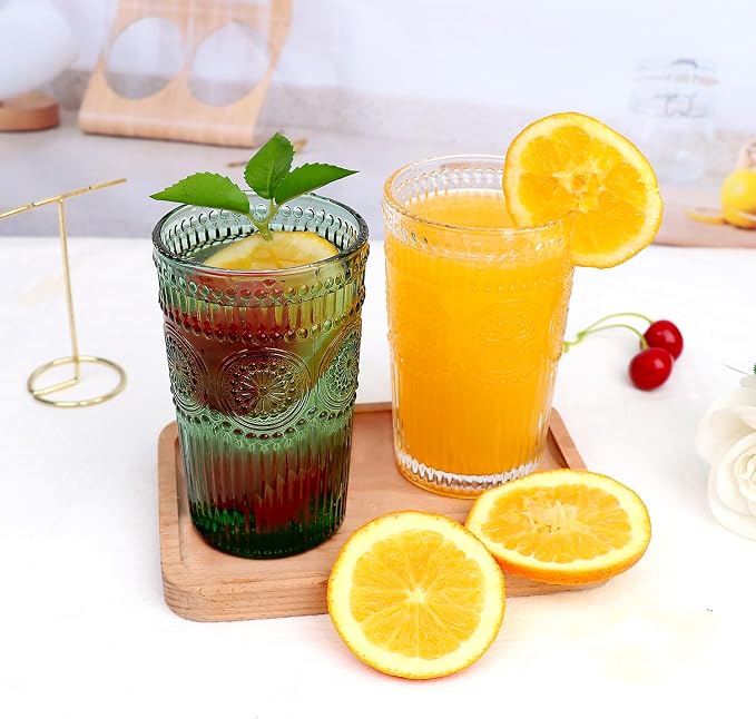 Loivttvv 6pcs Vintage Drinking Glasses Set, 12 oz Dark Green Highball Glasses, Embossed Ribbed Glassware Cups for Cocktail, Water, Juice, Coffee, Whiskey