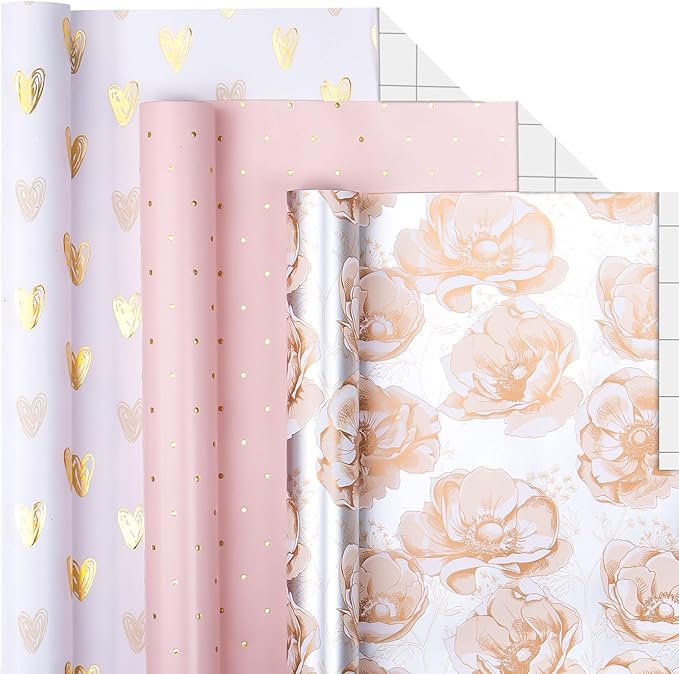 MAYPLUSS Pink Valentine's Day Wrapping Paper Roll - Mini Roll - 17in x 120in Per roll - Gray Floral,Gold foil Heart,Pink Polka Dots (3 Rolls 46.5sqft) For Birthday,Party,Girl,Wedding.Women