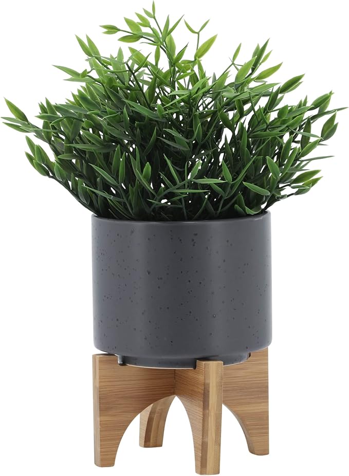 Ceramic Planter with Wood Stand - 5 Inch Matte Gray Unpatterned Indoor Flower Pot and Succulent Plant Pot with Drainage Hole, 1 Pack