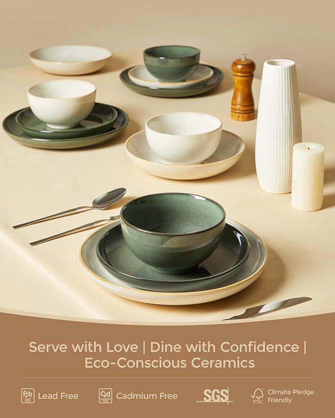 Pokini Stoneware Dinnerware Sets, Ceramic Plates and Bowls Set, Microwave & Dishwasher Safe Kitchen Dishes, Modern Dinner Salad Plates | Cereal Bowls, Dishware Sets Service for 4 Yellow White