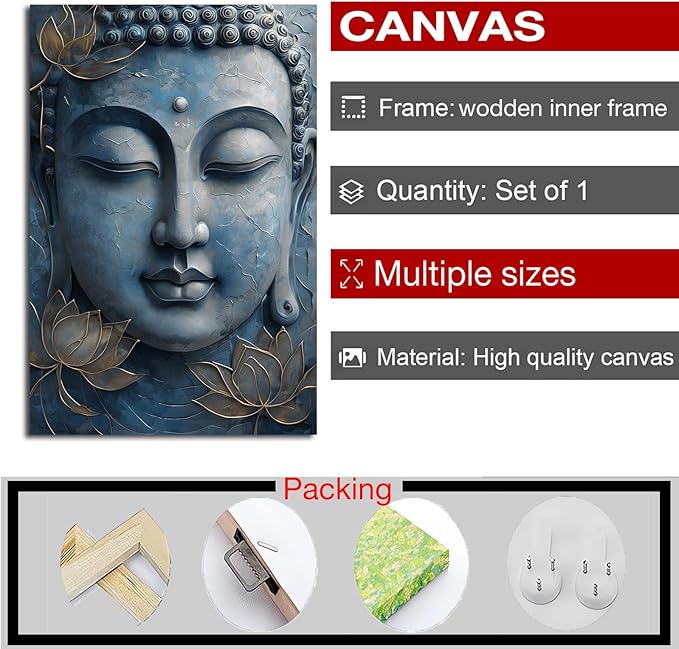 Canvas wall art Golden lotus crown Serene Buddha poster Ethereal blue toned art with delicate floral decor Zen wall art for a tranquil meditation space 24x36in Wood Framed