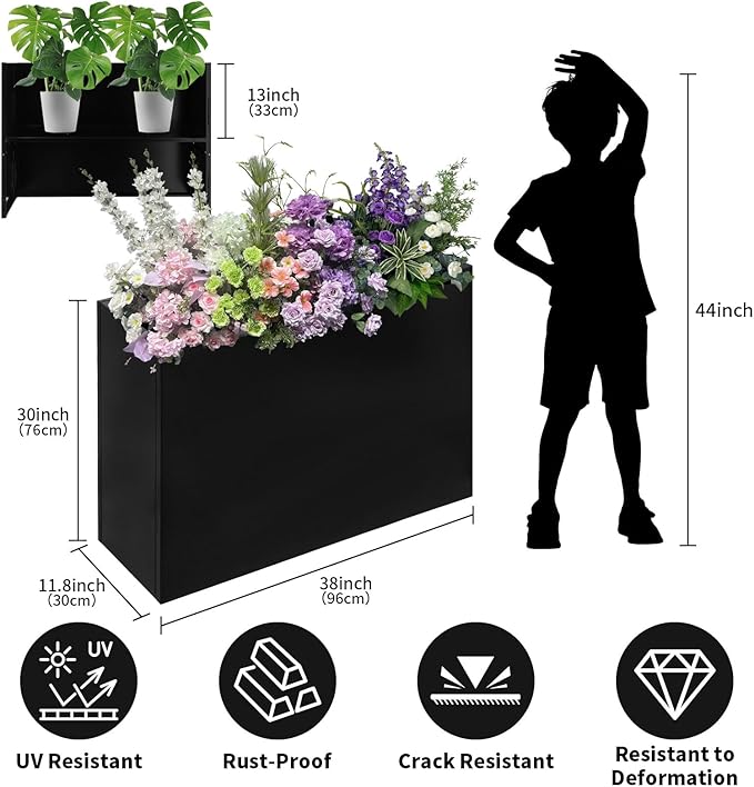 Tall Rectangle Planter 38 L x 12" W x 30" H Black Metal Large Planter Boxes Outdoor Pots,Flowers Pot Garden Porch Patio Privacy