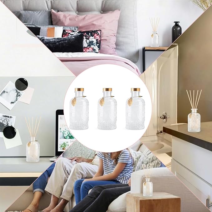 Glass Reed Diffusers Bottles for Home, Diffuser Bottles with 20PCS Reed Diffuser Sticks, Glass Bottle with Lids Apothecary Jar Flower Bud Vases, Set of 3