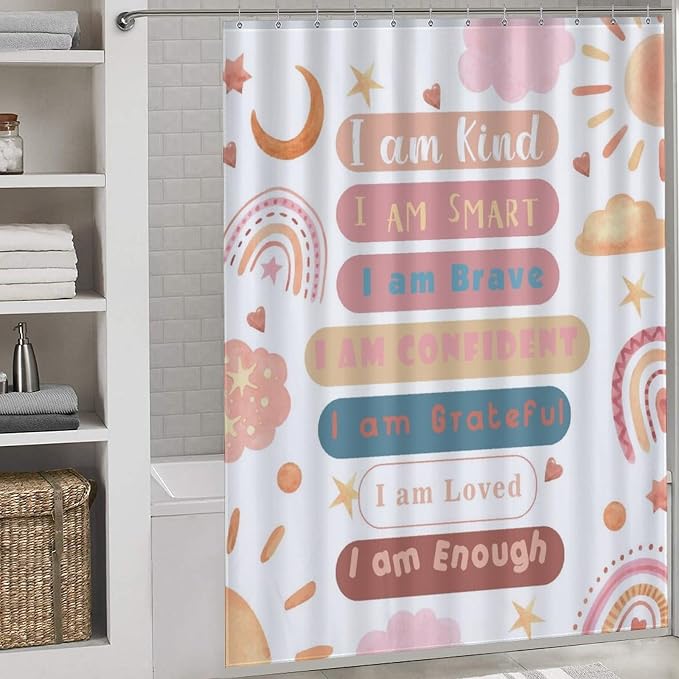 Rainbow Shower Curtain, Pink Boho Cute Inspirational Motivational Quotes Rainbow Colorful Pastel Waterproof Fabric Bathroom Shower Curtain for Baby Kids Girls Set with Hooks, 72"x84" Inch