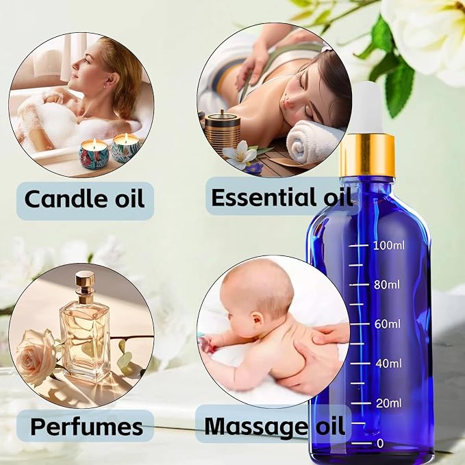 Blue Glass Dropper Bottle 3.4 oz, 2x100ml Blue Glass Eye Dropper Bottles for Essential Oils with Dropper Pipettes, Funnel, and A Plastic Measured Dropper for Diffuser, Beauty Oil Mix