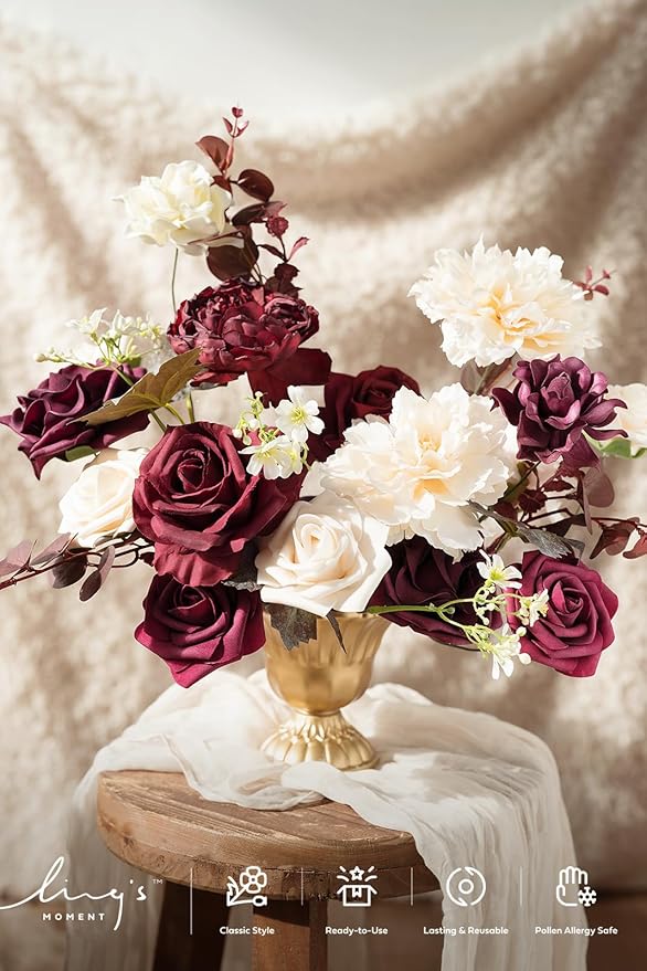Ling's moment Burgundy Artificial Flowers and Greenery Combo Box Set, Marsala & Cream Fake Flower for DIY Wedding Bridal Bouquet, Centerpieces Decor, Floral Arrangement Decor, etc.