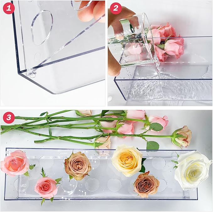 2Pack Clear Acrylic Flower Vase Rectangular, 15.7 Inches Long Floral Centerpiece Low Vases with Holes for Dinning Table, Home Decor, Wedding Decoration