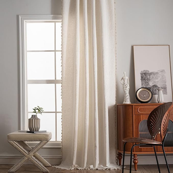 ENJOYBRIDAL Paisley 63 Inch Curtains for Bedroom Living Room Drapes Jacquard Semi Sheer Off White Short Window Curtain Panels Rod Pocket 2 Panels Set Boho Farmhouse Floral Cream Window Treatments