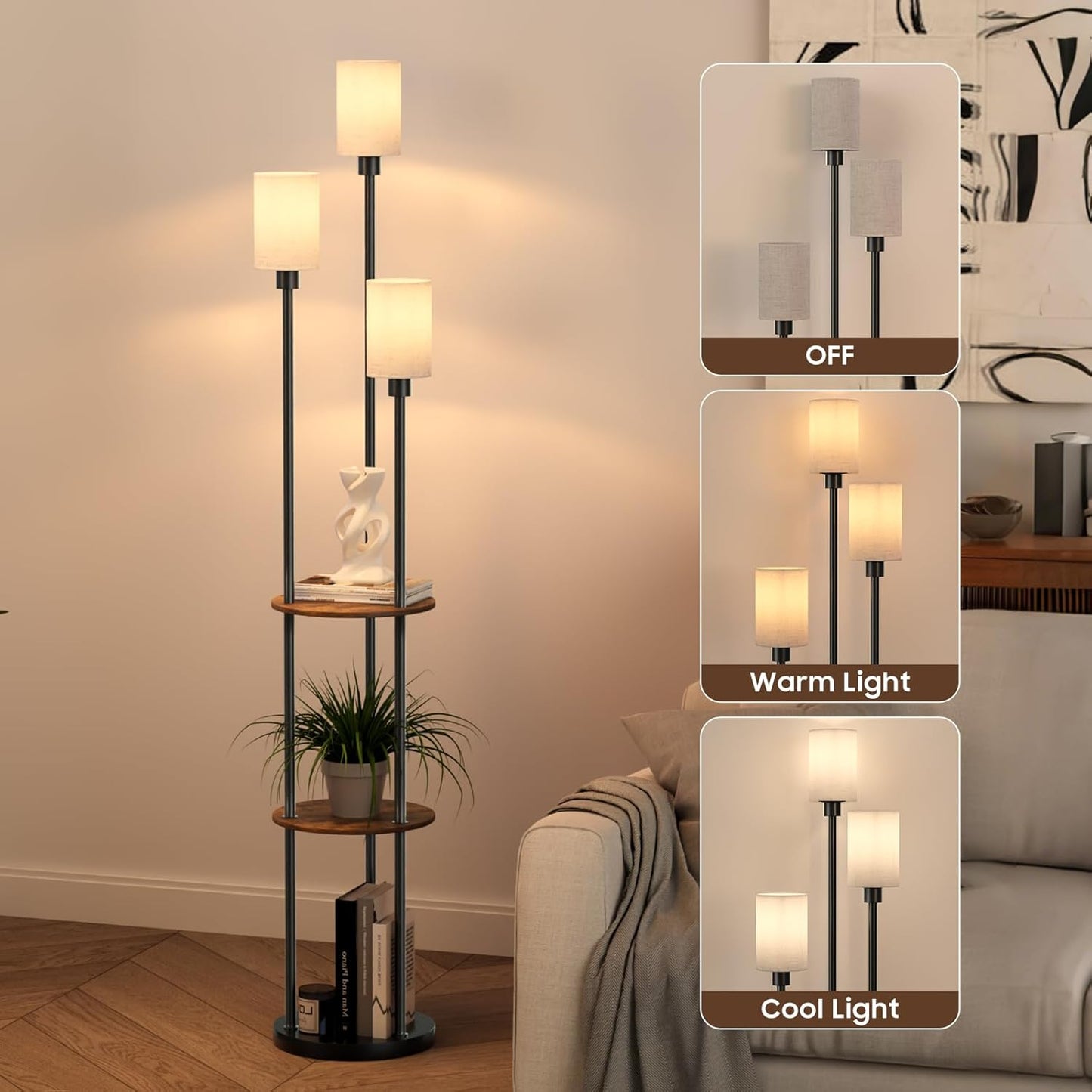 Skiennix Rustic Floor Lamp - 3-Light Standing Lamp with Shelves & Foot Switch | 71" Tall, Black-Liner