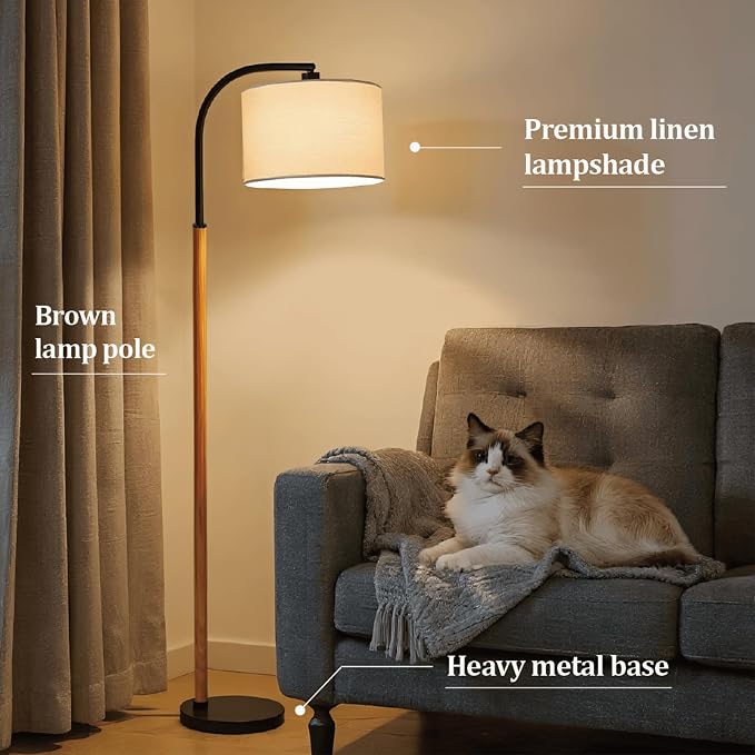 66” Brown Black Arc Floor Lamps for Living Room, 1200 Lumens 3-Level Brightness Wood Floor Lamp for Bedroom, Vintage Mid Century Black Standing Lamp, Adjustable Lampshade, LED Bulb Included