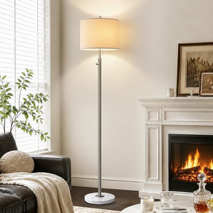 【Upgraded】 Dimmable Floor Lamp for Living Room, 11W LED Bulb Included, Modern Standing Lamp with Marble Base, Tall Pole Light with Linen Shade for Bedroom Reading Office Corner Nursery-Brushed Nickel