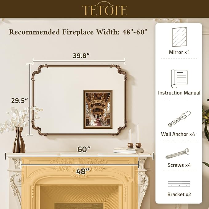 TETOTE Baroque Gold Antique Brass Scroll Wall Mirror 40 x 30 Vintage Rectangle Framed Baroque French Rectangular Mirror for Mantle Fireplace Bathroom Living Room, Horizontal/Vertical
