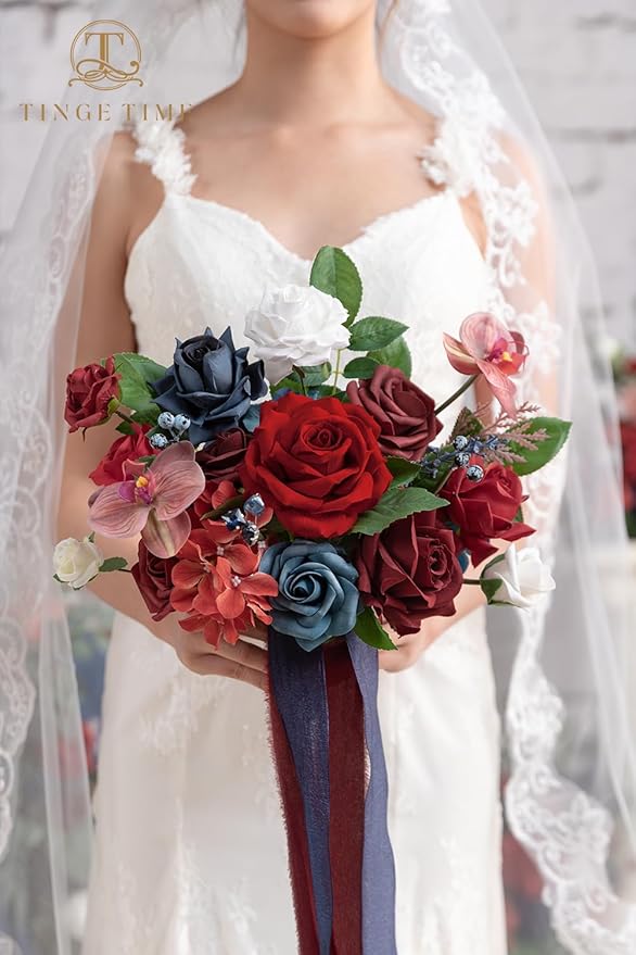TINGE TIME 9 inch Bridal Bouquets for Bride, Artificial Silk Flowers Tossing Bouquet, Bride Bouquets for Wedding,Ceremony, Anniversary (Red&NavyBlue)