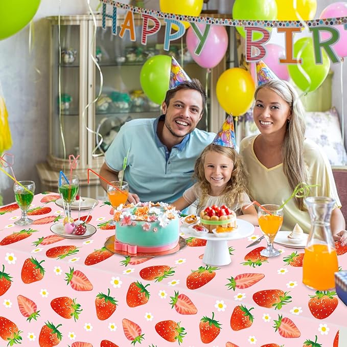 3 Pack Strawberry Tablecloths Strawberry Birthday Plastic Table Cover for Berry First Birthday Decor Baby Shower Party Decorations, 54 x 108 Inch