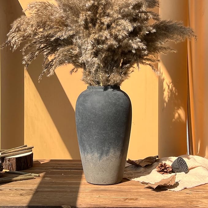 12 Inch Rustic Ceramic Vase, Black Flower Vases for Centerpieces, Farmhouse Decor for Living Room, Entryway & Kitchen, Vintage Pottery Vase for Wedding Gifts