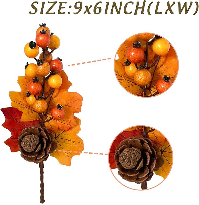 6 Pack Fall Stems Artificial Berry Picks Fall Picks with Pine Cone Maple Leaves Branches Decorations for Harvest Autumn Thanksgiving Day Flower Arrangements Wreaths Indoor Outdoor Home Decor