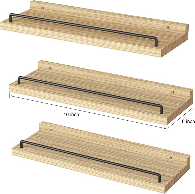 RYOFOBETTO Floating Shelves for Wall Decor, Light Brown Wood Shelves for Bathroom, Living Room, Bedroom, Picture Frames, Plants, Kitchen (Set of 3)