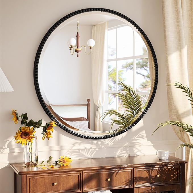 24 Inch Round Bathroom Mirror - Luxurious Retro Beaded Circle Decorative Wall Mirror with PU Frame Hanging Leaning as Art Decor for Entryway, Bedroom, Living Room, Hallway, Black