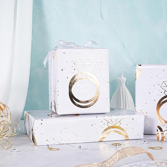 RUSPEPA Wedding Wrapping Paper Roll, Mini Roll, Gold Rings, Diamond Sparkle Design, Happy Ever After Elegant Gift Wrap for Bridal Shower, Wedding, Bachelorette Party, Engagement, 17 Inches x 16.4 Feet