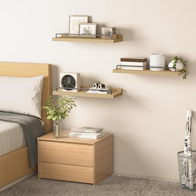 RYOFOBETTO Floating Shelves for Wall Decor, Light Brown Wood Shelves for Bathroom, Living Room, Bedroom, Picture Frames, Plants, Kitchen (Set of 3)