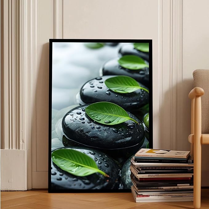 Glittering black stone cluster with fresh green leaves and water drops poster tranquil mist rain wall art zen wall art suitable for modern minimalist home decor 8x12in Metal blackFramed
