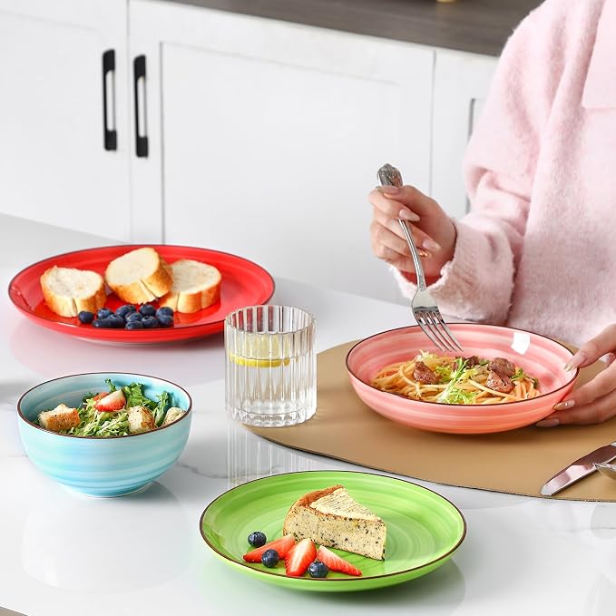 Selamica Ceramic Plates and Bowls Sets,32 Pieces Dinnerware Sets for 8,Scratch Resistant Dish Set for holiday gathering,Dishwasher & Microwave Safe, Dopamine Colors