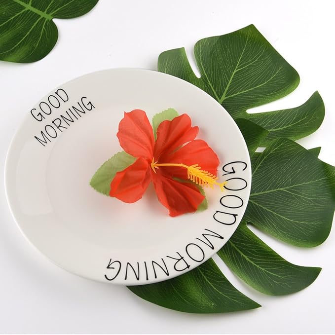 KUUQA 60 Pcs Tropical Party Decoration Supplies 8" Palmtera Hibiscus Leaves and Flowers, Simulation Leaf for Hawaiian Luau Party Jungle Beach Theme Table Decorations