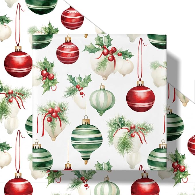 LeZakaa Christmas Wrapping Paper Roll – 17 in x 16.4 ft Gift Wrap with Red & Green Ornaments, Holly & Bells Holiday Design for Christmas Presents & Party Gifts