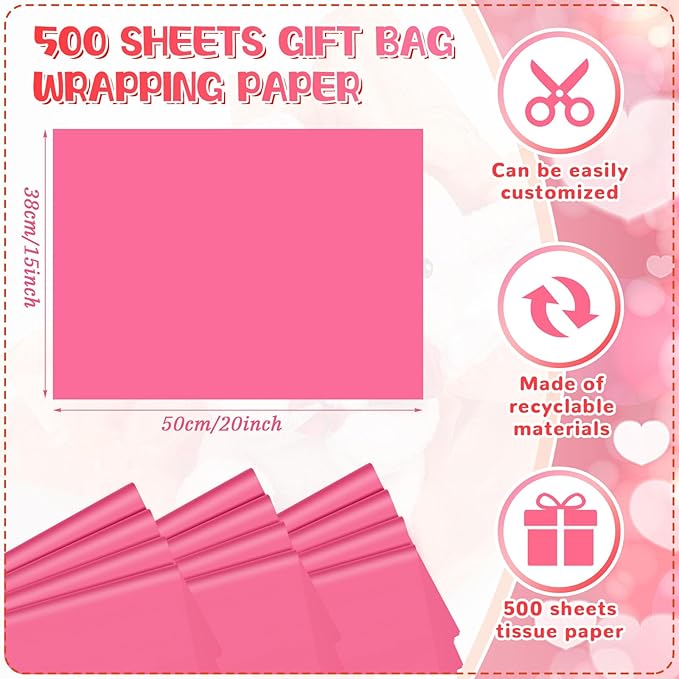 Qilery 500 Sheets Hot Pink Tissue Paper Bulk 15 x 20 Inch Acid Free Flower Wrapping and Packaging Paper Sheets for Christmas Valentine's Day Gift Crafts, Birthday, Party Decor, Weddings, Baby Shower