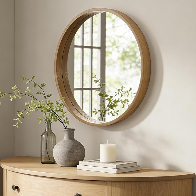 WallBeyond 28 Inch Natural Round Wood Mirror, Large Circle Wooden Frame Wall Mirror for Bathroom, Living Room, Bedroom, Entryway