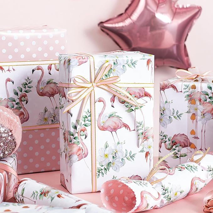 Burymento Reversible Pink Flamingo Plumeria Wrapping Paper Roll - Pink and white polka dot design on the other side, suitable for Valentine's Day, Birthday, Mother's Day, Wedding, Baby Shower