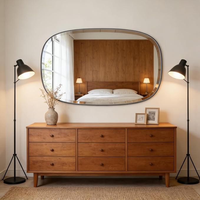 POZINO Gold Beveled Mirror, 28"x48" Modern Rounded Rectangle Mirrors, Large Brass Oval Mirrors, Oblong Vanity Wall Mirror for Bedroom Living Room Entryway Fireplace, Hangs Horizontal Or Vertical