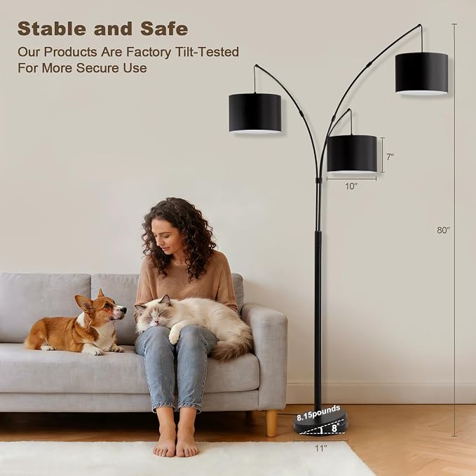 Netin 3 Light Arc Floor Lamps for Living Room, Led Floor Lamp with Remote Control, Modern 80" Tall Standing Lamp, 3 Color Temperature, Mid Century Tree Floor Lamp for Bedroom, Office (Black)