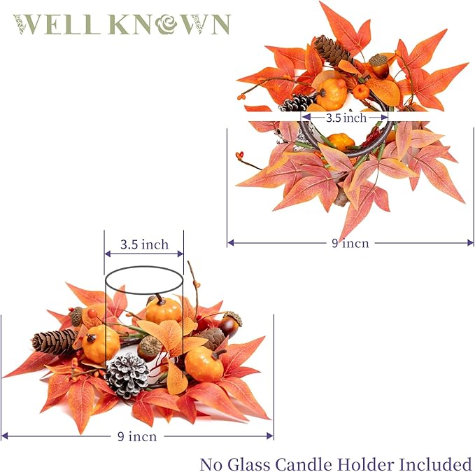 2 Pcs Mini Fall Orange Pumpkins and Maples Candle Rings Wreaths for Pillars Home Table Window Decor, 9" Artificial Flower Cabinet Wreath for Winter Kitchen Farmhouse Wedding Christmas Party & Gift
