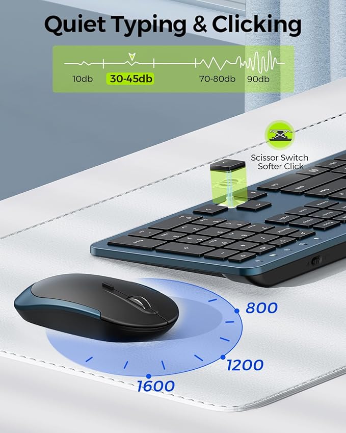 Wireless Keyboard and Mouse Combo - Full Size Slim Thin Wireless Keyboard Mouse with Numeric Keypad 2.4G Stable Connection Adjustable DPI, Black&Blue