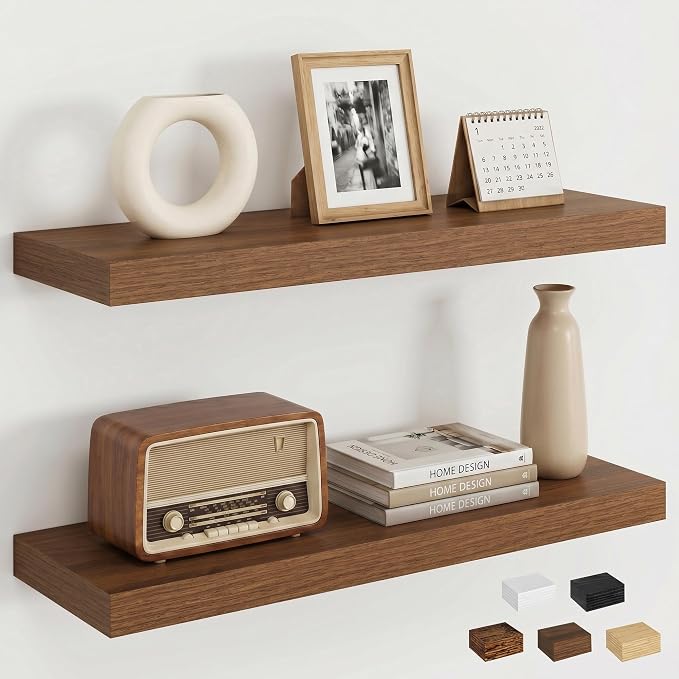 Dreamland Floating Shelves, Rustic Wooden Black Wall Shelves for Bathroom|Bedroom|Kitchen, Deep Wall Mounted Book Shelf, Wood Storage Display Shelf for Home Decor, 22.5" X 6.7" Set of 2
